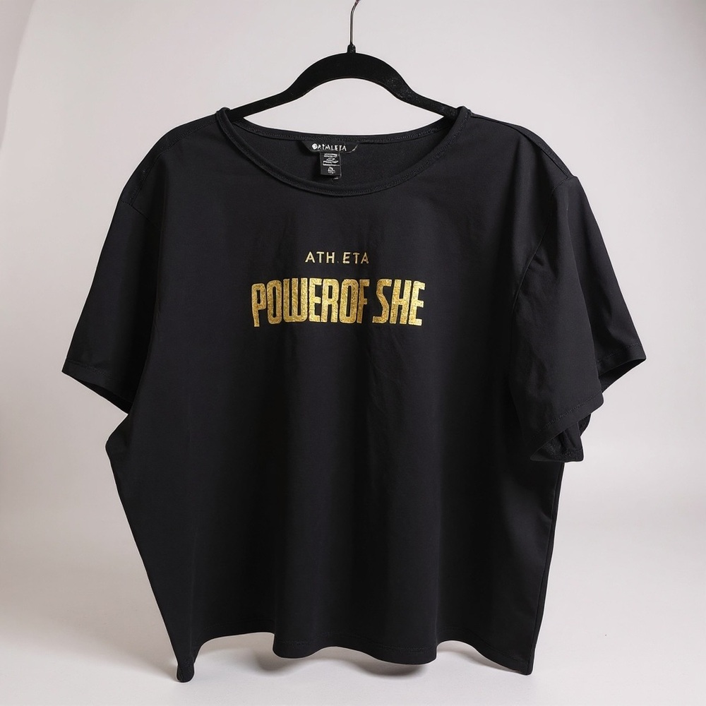 Athleta Black Tee with Gold Power of She Print